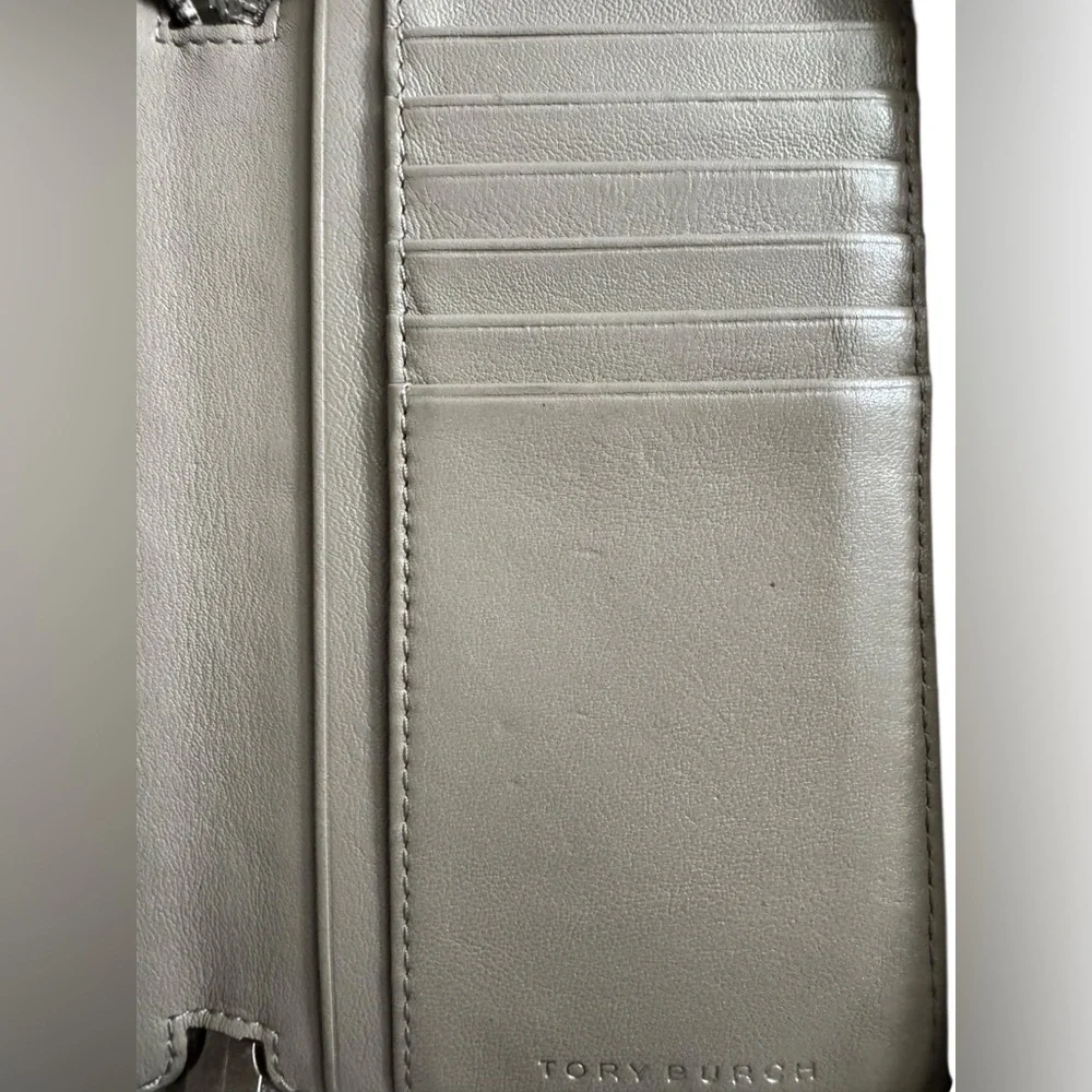 Tory Burch taupe leather zip around wristlet